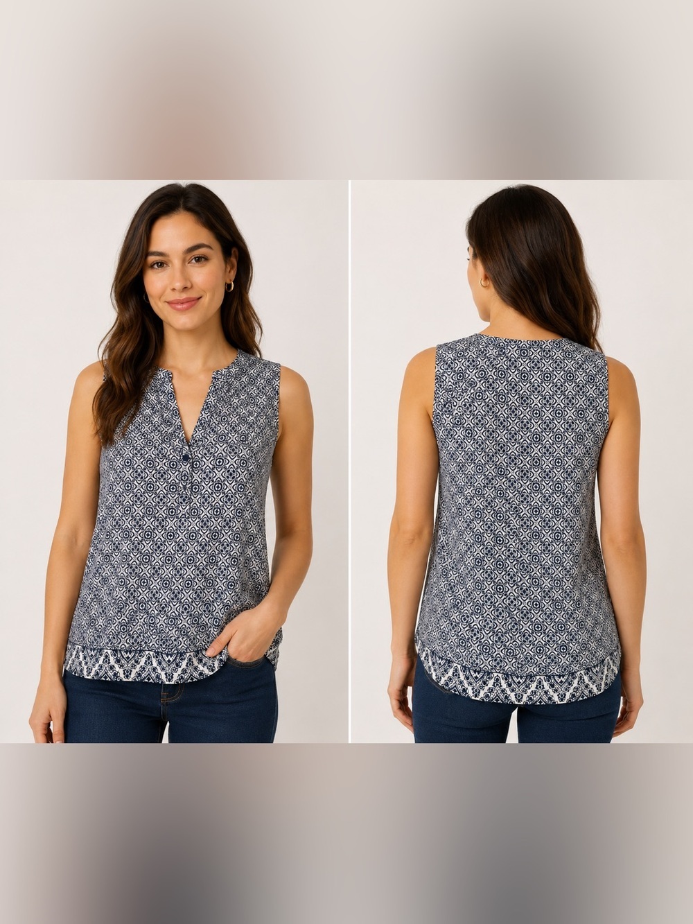 Alice Collection Navy Blue White Sleeveless Geometric Print Tank Top L Large